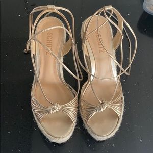 SCHUTZ Gold Espadrille Platform Sandals with Ankle Wraps